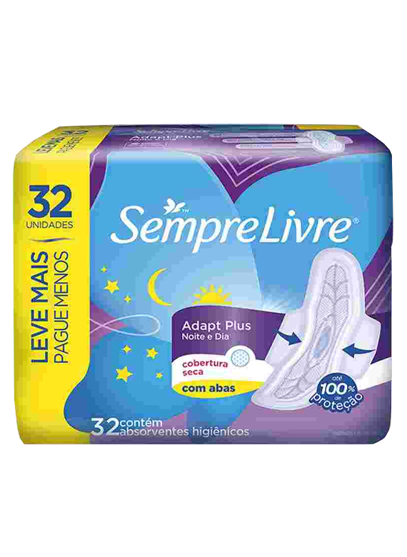 Absorvente Sempre Livre Adapt Noturno Seca Com Abas Leve 32 Pague 24